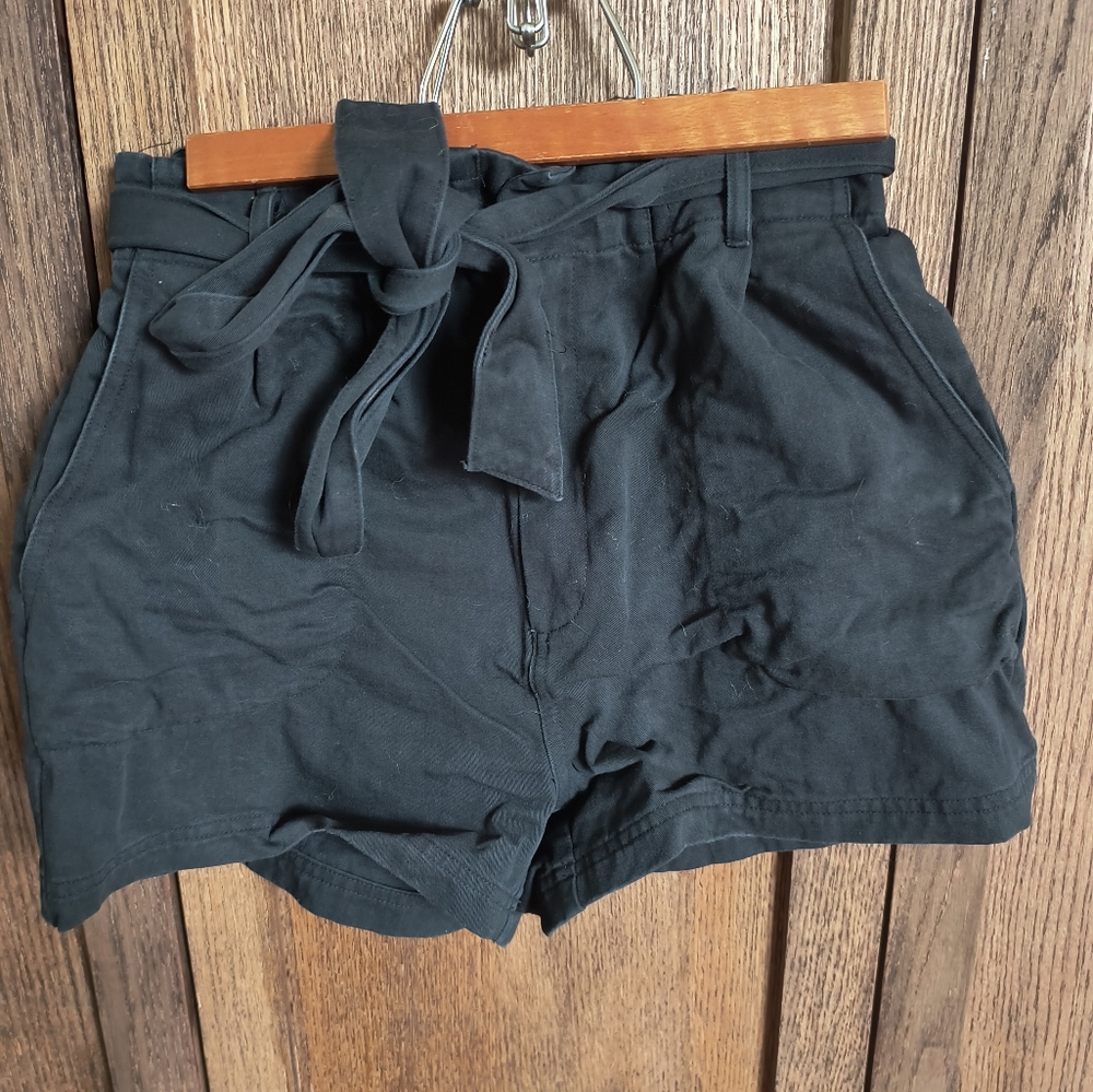 Black High Waist Shorts, Paperbag Waist With Tie
